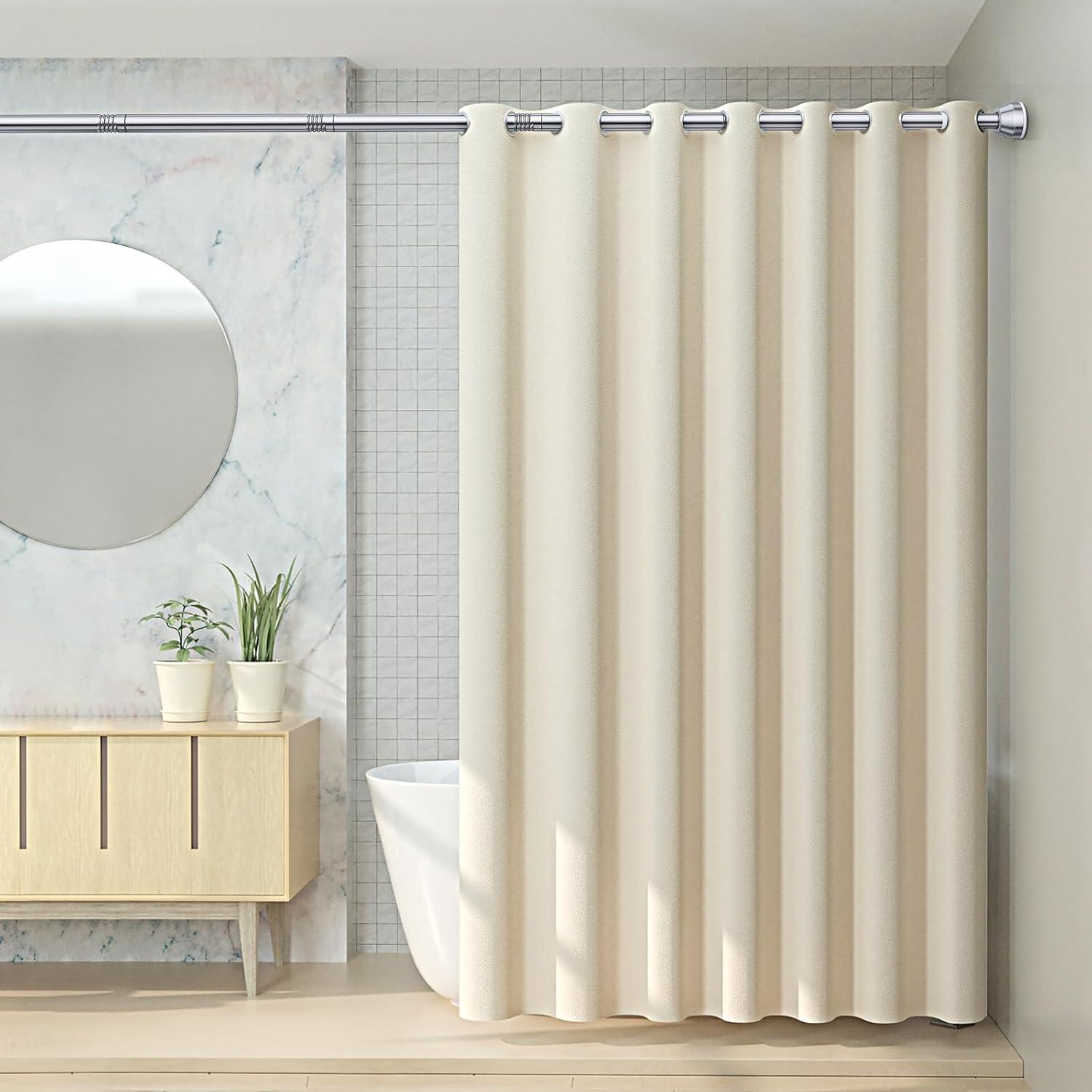 OUMIKEJI Shower Curtain Rod, 27-76 Inch Adjustable Tension Spring, Shower Curtain Rod Tension, Premium Stainless Steel, Anti-Slip, No Drilling, No Rust, For Bathroom, Silver