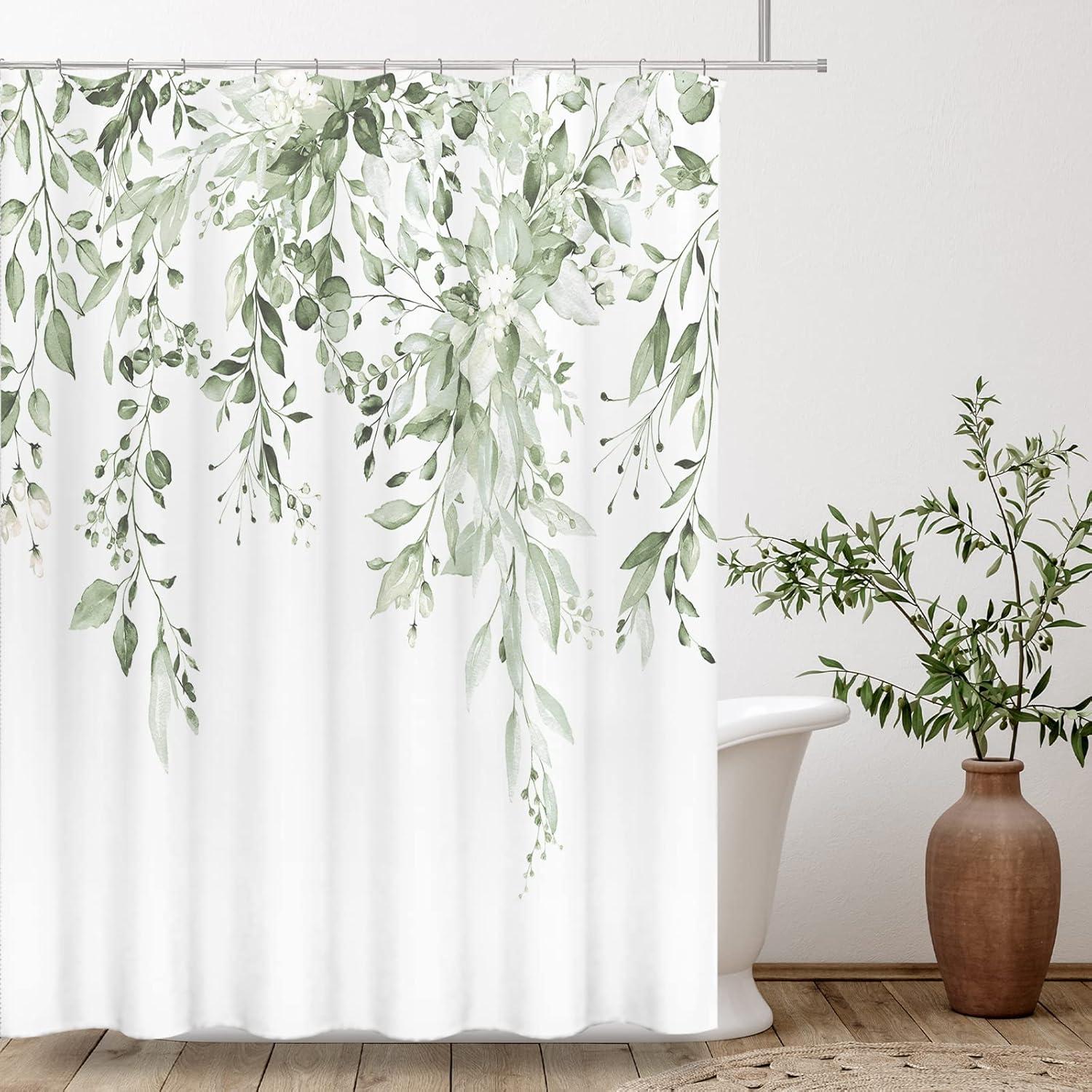 Eucalyptus Watercolor Leaves Semi-Sheer Waterproof Shower Curtain