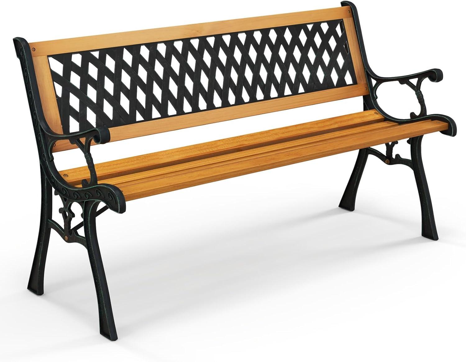 Natural Hardwood and Black Cast Iron Outdoor Garden Bench