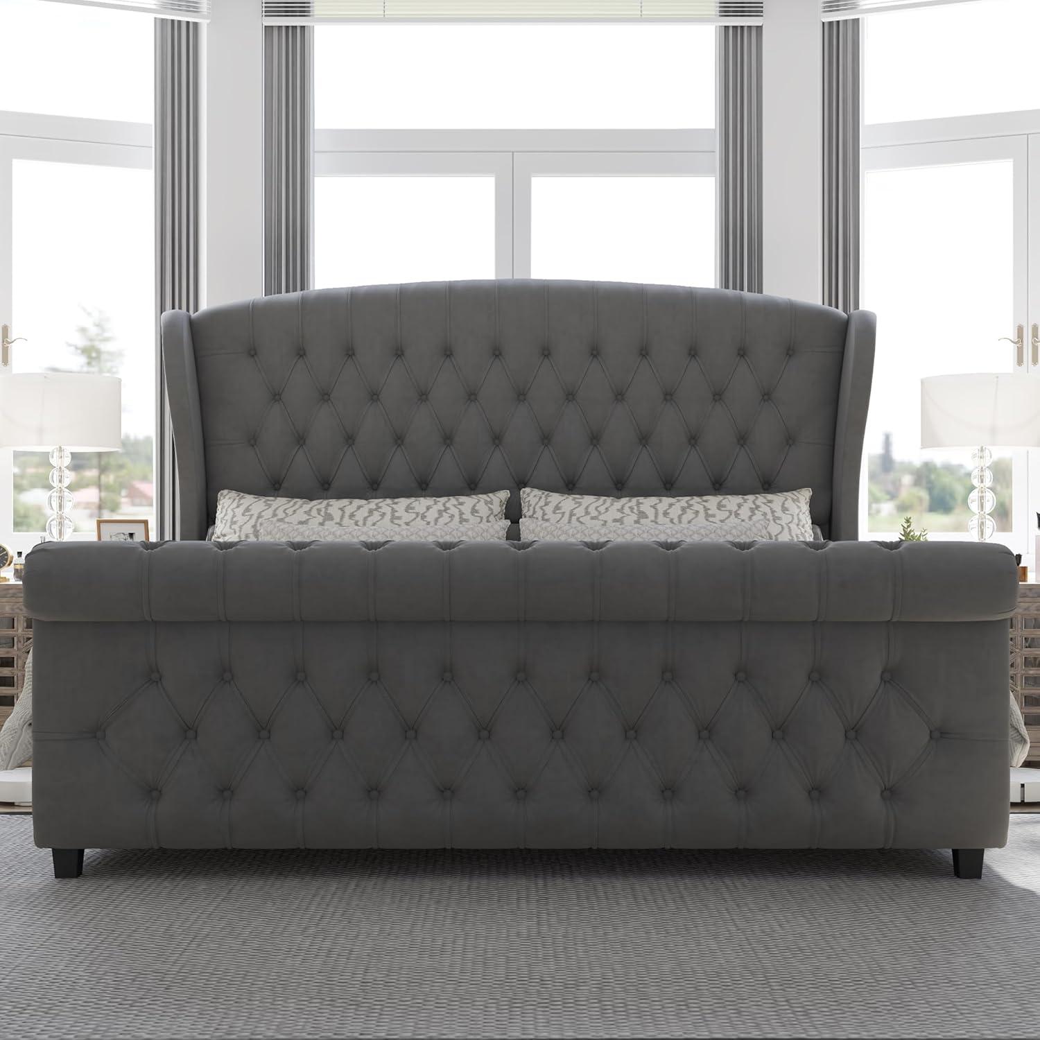 Dulane Chenille / Velvet Upholstered Sleigh Bed with Scroll Wingback Headboard