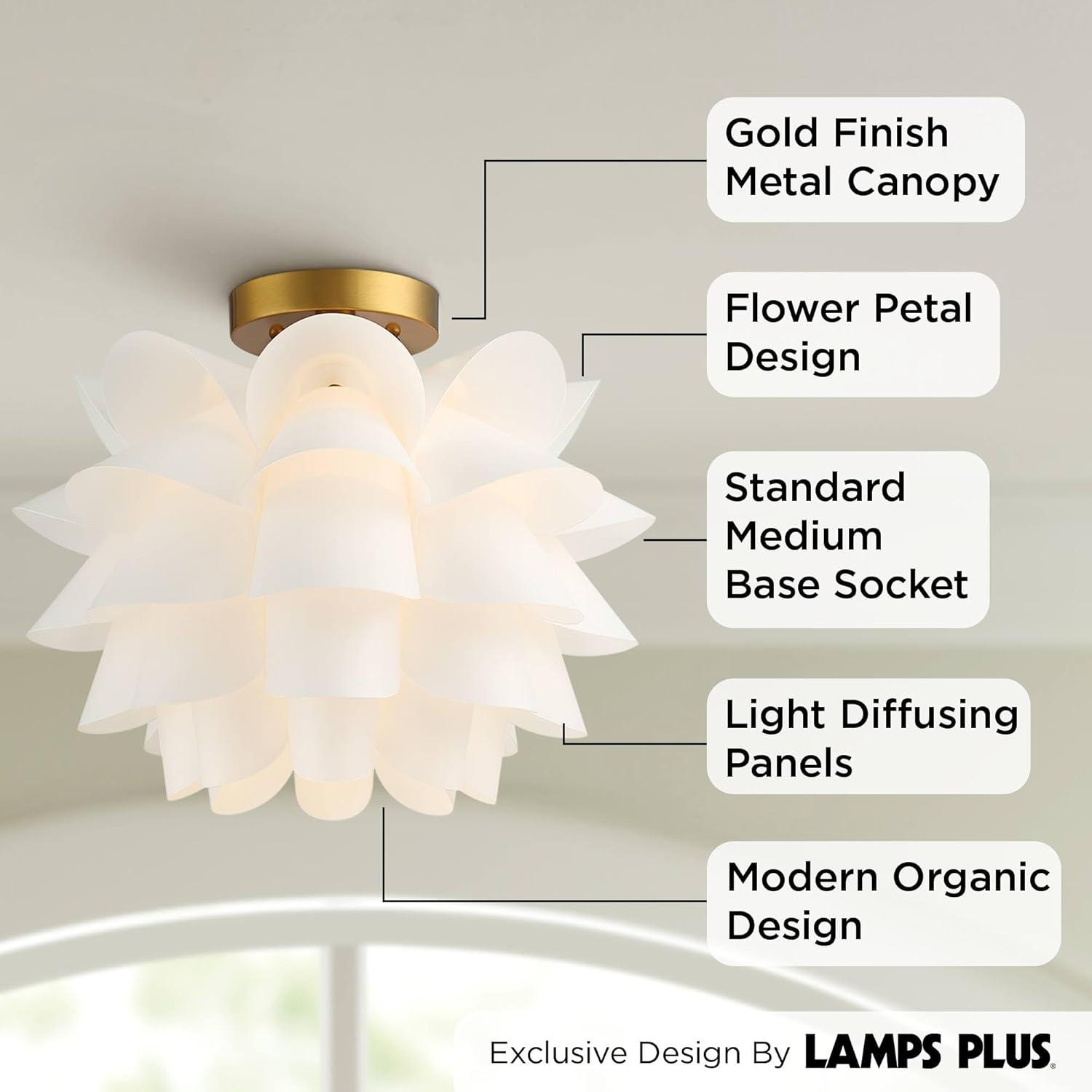 Possini Euro Design Modern Ceiling Light Semi Flush Mount Fixture White Flower Gold Metal 15 3/4" Wide Living Room Bedroom Kitchen