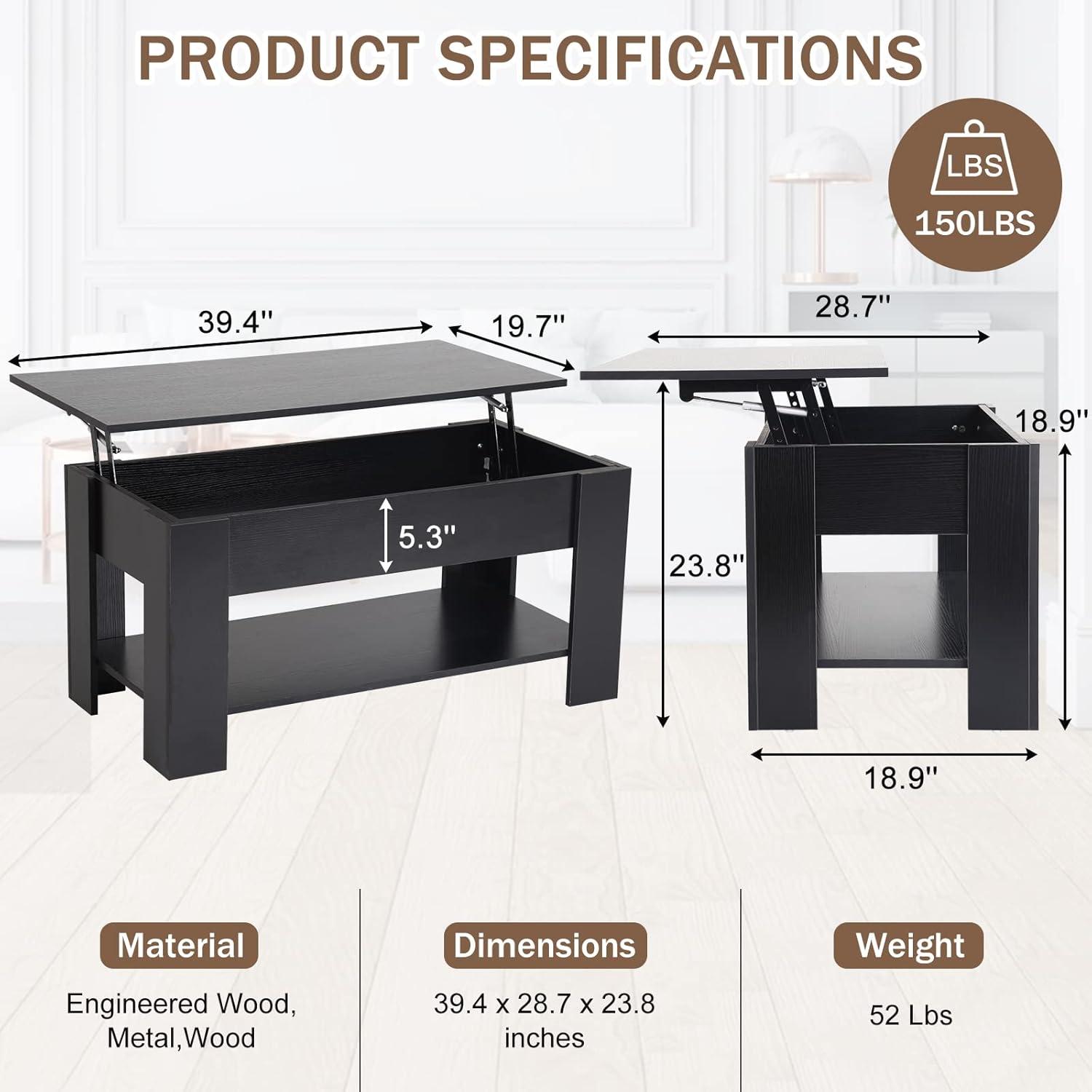 FDW Coffee Tables with Hidden Compartment and Storage Shelf Wooden Lift Tabletop Dining Table for Living Room Home (White)