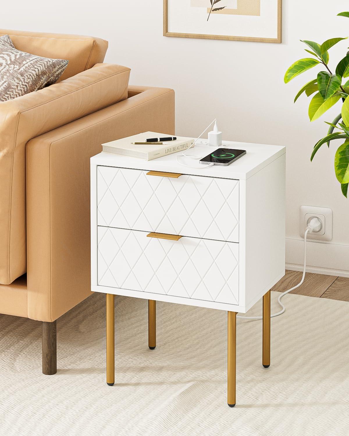 White and Gold Modern Nightstand with Drawer and Shelf