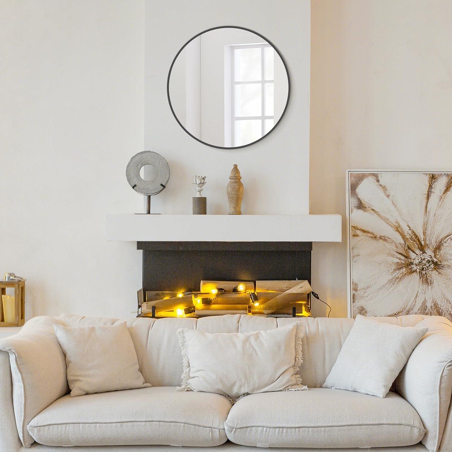 Walnut Round Pine Wood Mirror, 32" Diameter