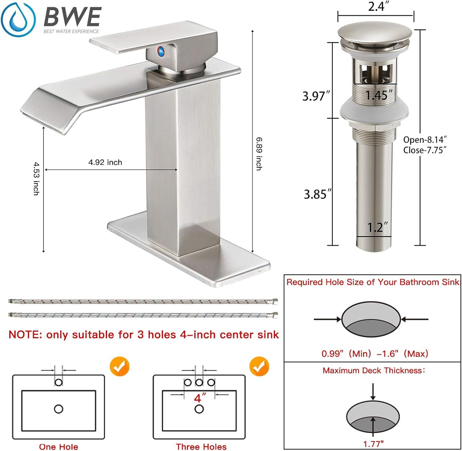 Brushed Nickel Single-Handle Waterfall Bathroom Faucet with Drain