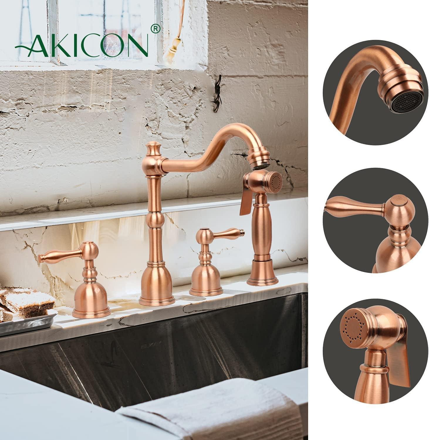 Brushed Copper Double-Handle Widespread Kitchen Faucet with Side Spray