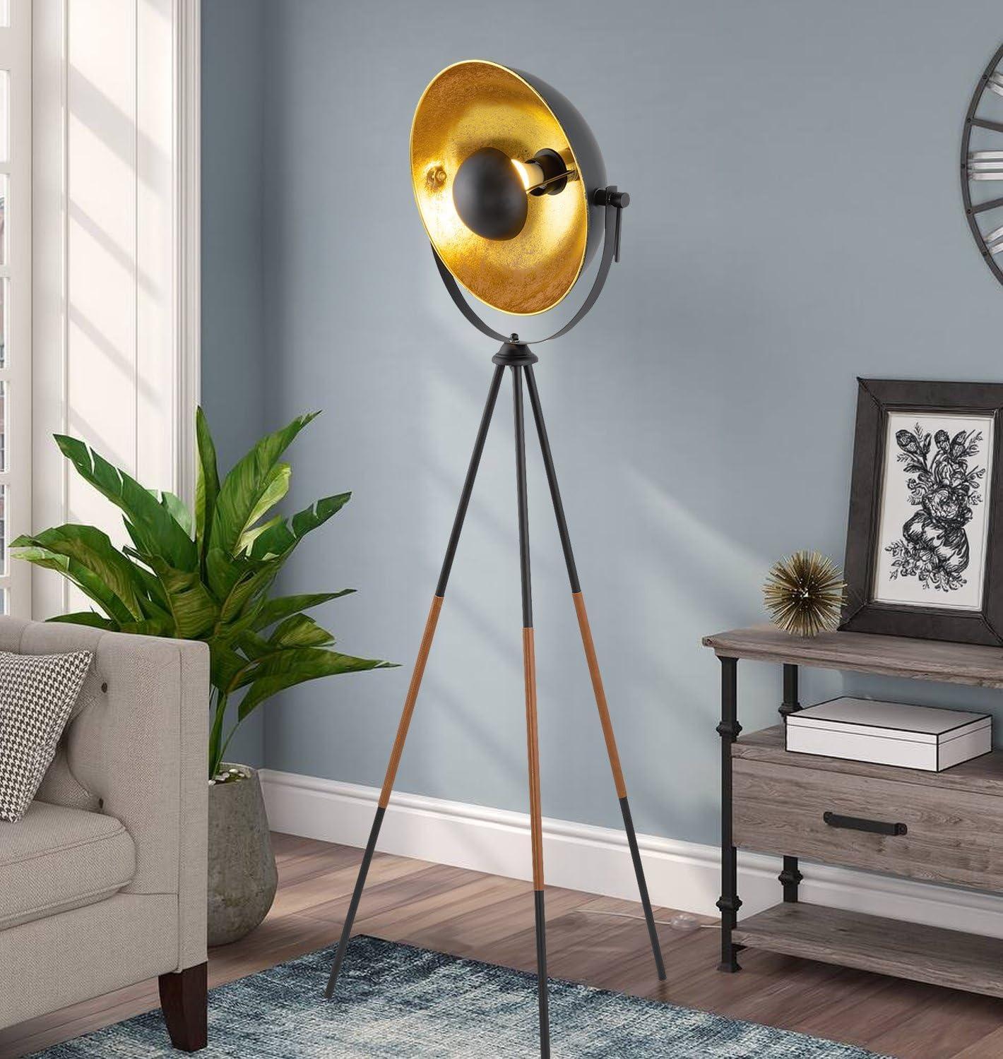 Kira Home Sulis 58" Tripod LED Floor Lamp + 9W bulb (/), Leather Accent Legs, Satellite Style Shade, Black