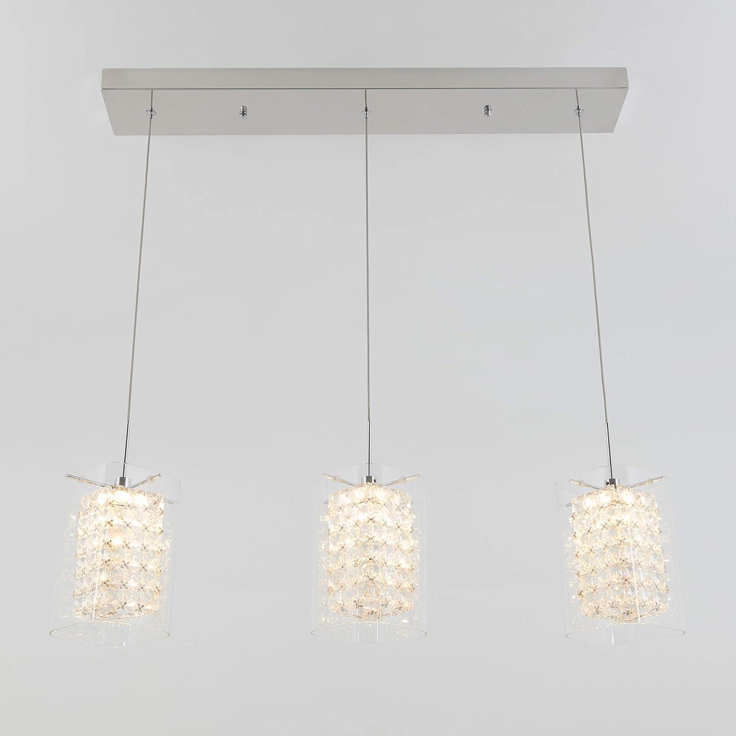 Crystal Cube 13-Watt 3 Light Chrome Modern Integrated LED Pendant Light Fixture for Dining Room or Kitchen