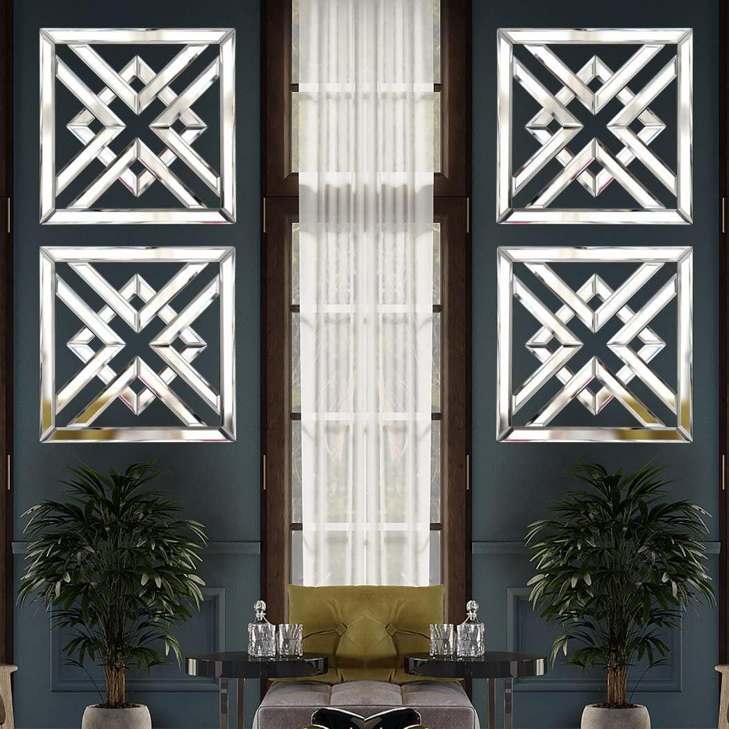 Silver Mirrored Wall Decor 16x16" Modern Fashion DIY Wall-Mounted Mirror X Design Gorgeous Glam Accent Vintage Chic for Room and Home