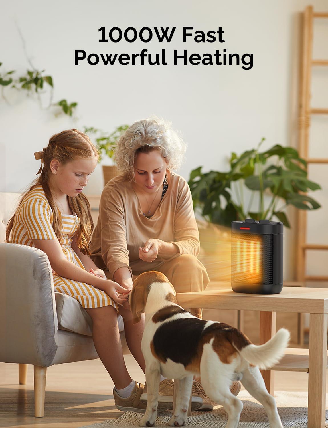 Small Space Heater for Indoor Use, PTC Electric Heater for Bedroom, 1000W Fast Heating with Thermostat, Overheating & Tip-Over Protection, Portable Small Heater