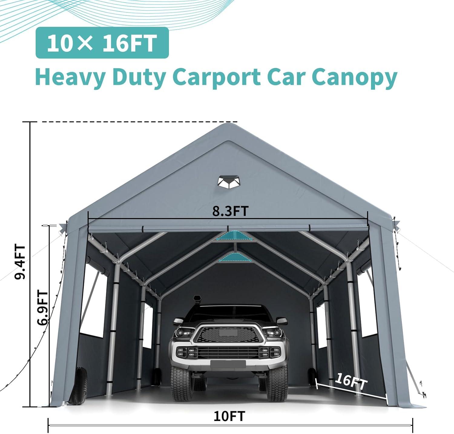 Carports 10X16 Heavy Duty，Portable Car Port Garage，Carport Canopy with Side Doors，Outdoor Car Shelter All Weather