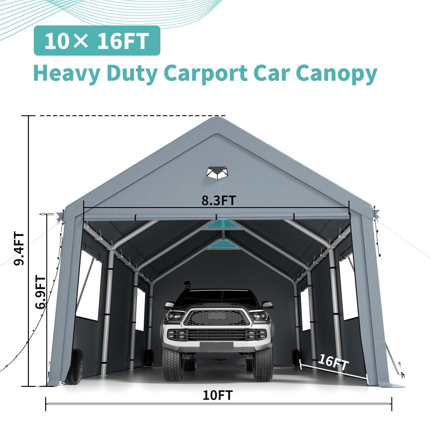 Carports 10X16 Heavy Duty，Portable Car Port Garage，Carport Canopy with Side Doors，Outdoor Car Shelter All Weather