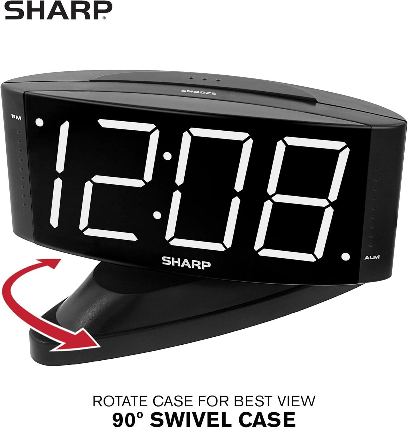 SHARP LED Digital Alarm Clock, Swivel Base, Alarm, Snooze, Brightness Dimmer, Black Case -White LED