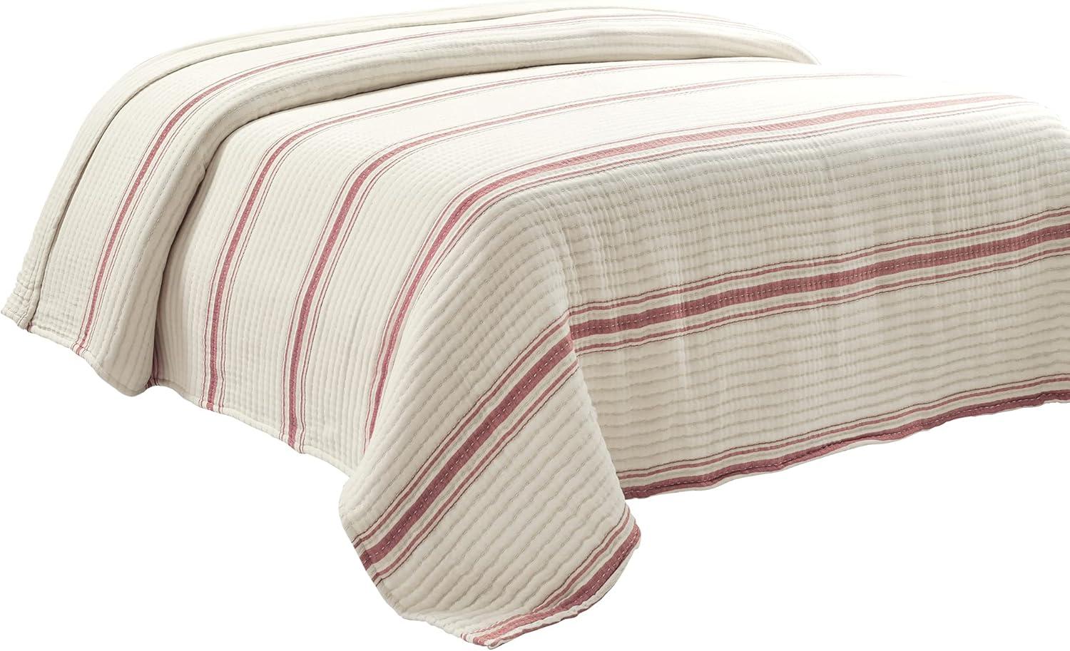 Lush Décor Full/Queen Farmhouse Stripe Kantha Pick Stitch Yarn Dyed Cotton Woven Single Quilt/Coverlet Red: Reversible, OEKO-TEX Certified