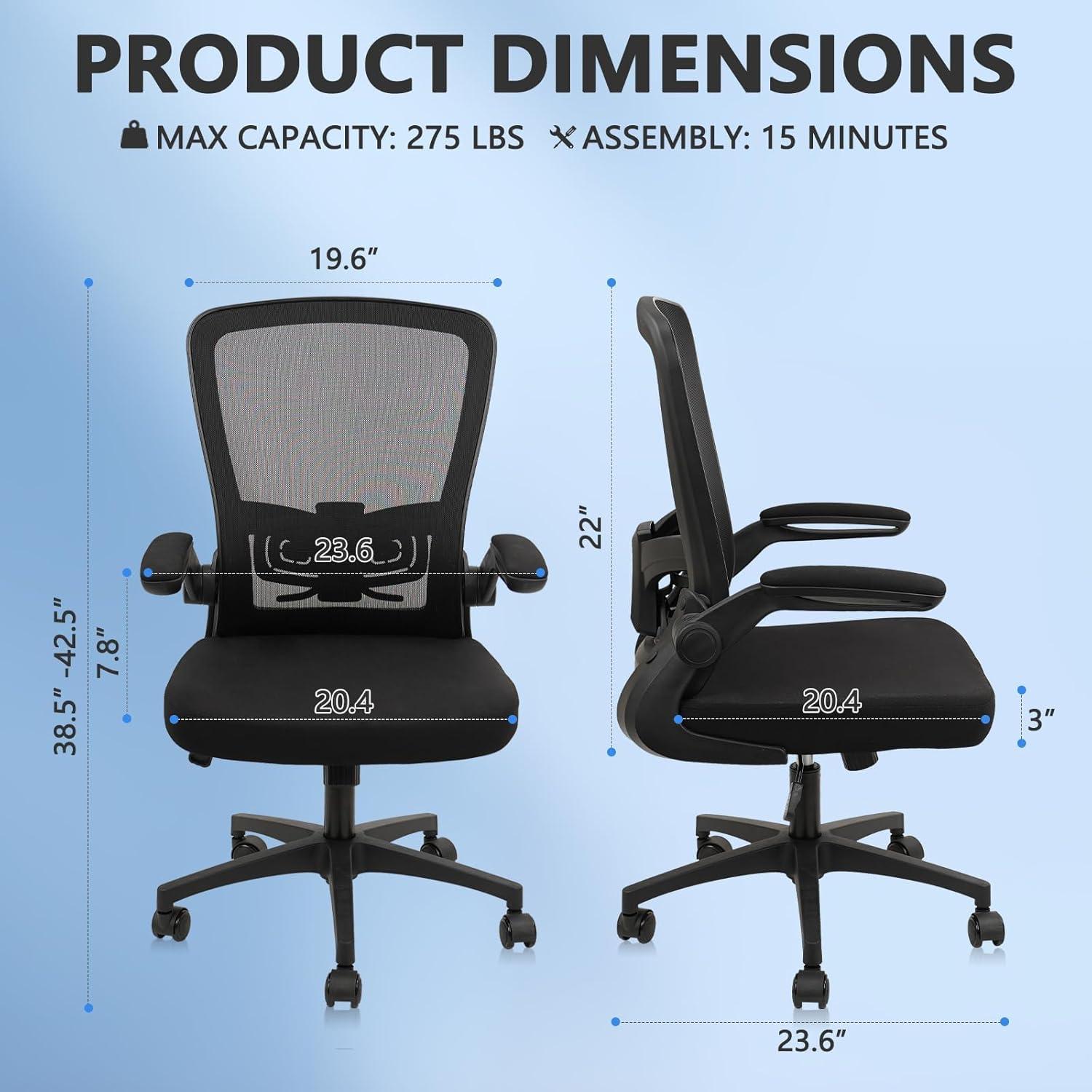 Clatina KLASIKA Ergonomic Office Desk Chair Mesh Back Flip Up Armrests Adjustable Height and Lumbar Support Swivel Chairs with Wheels