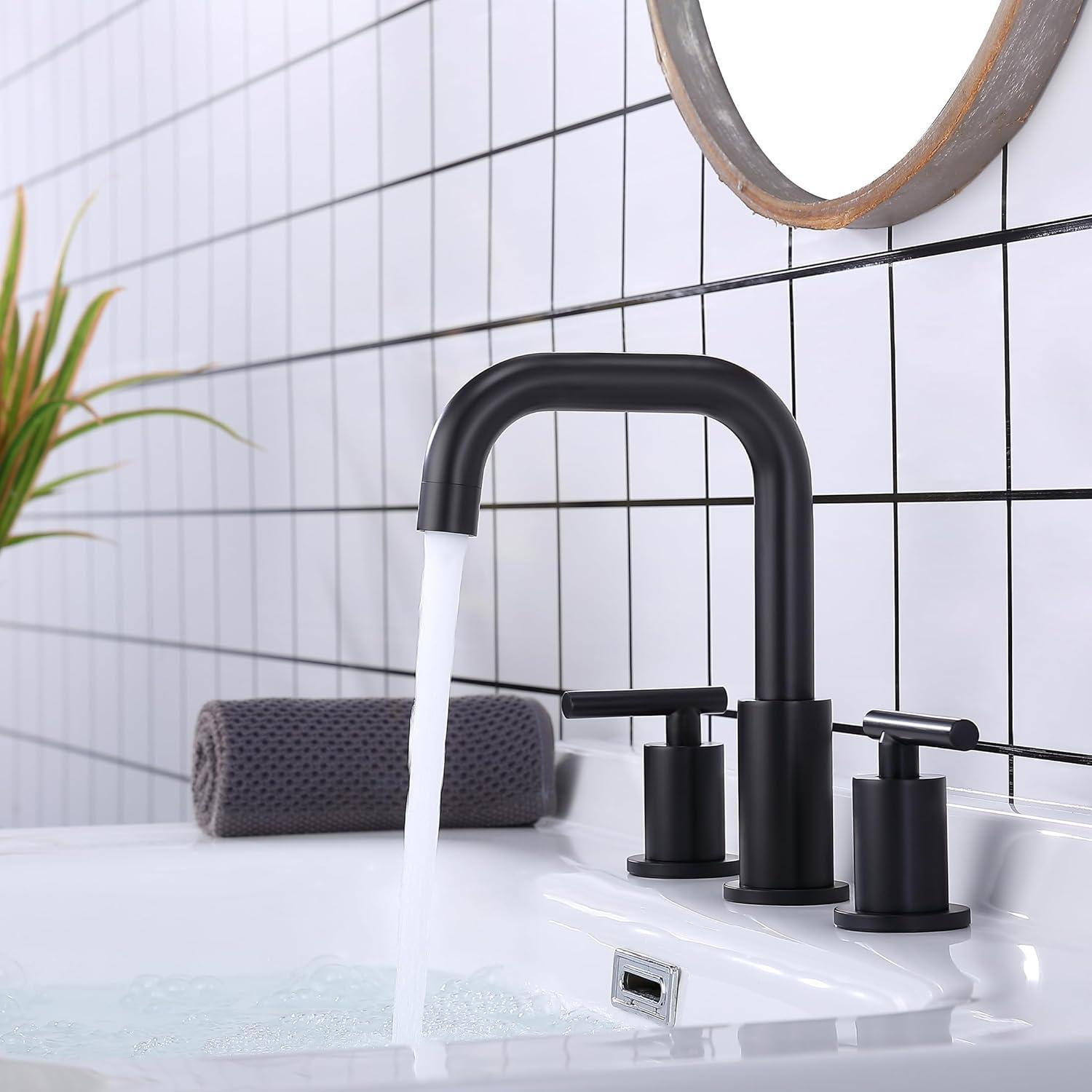 Matte Black 8 inch Widespread Bathroom Sink Faucet Vanity Lavatory Faucet for 3 Holes with Pop up Drain and 360 Degree Swivel Brass Spout