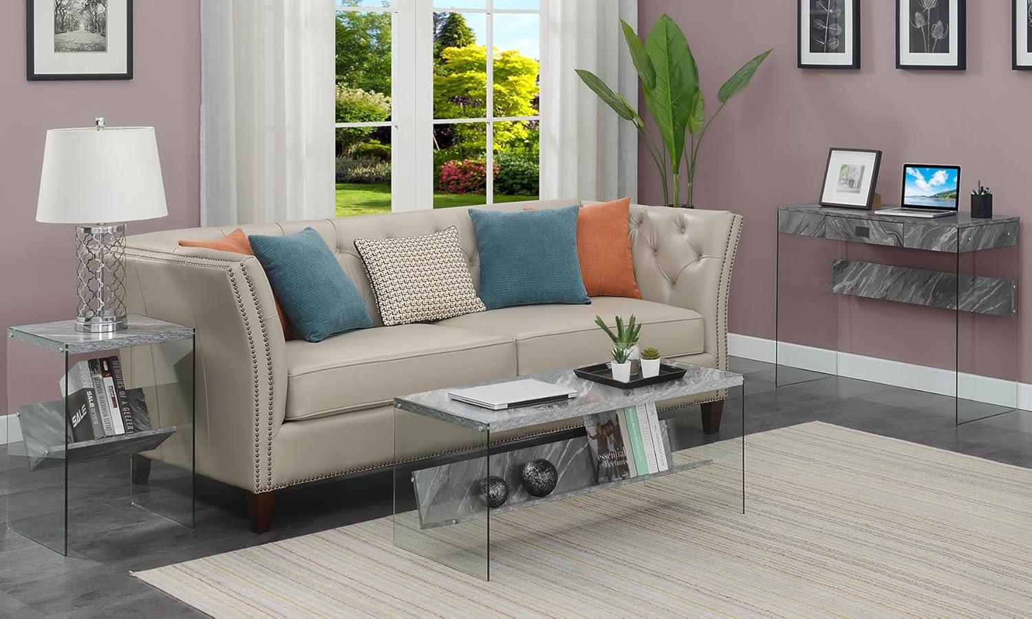 Convenience Concepts Soho Coffee Table in Gray Faux Marble Wood with Glass Sides