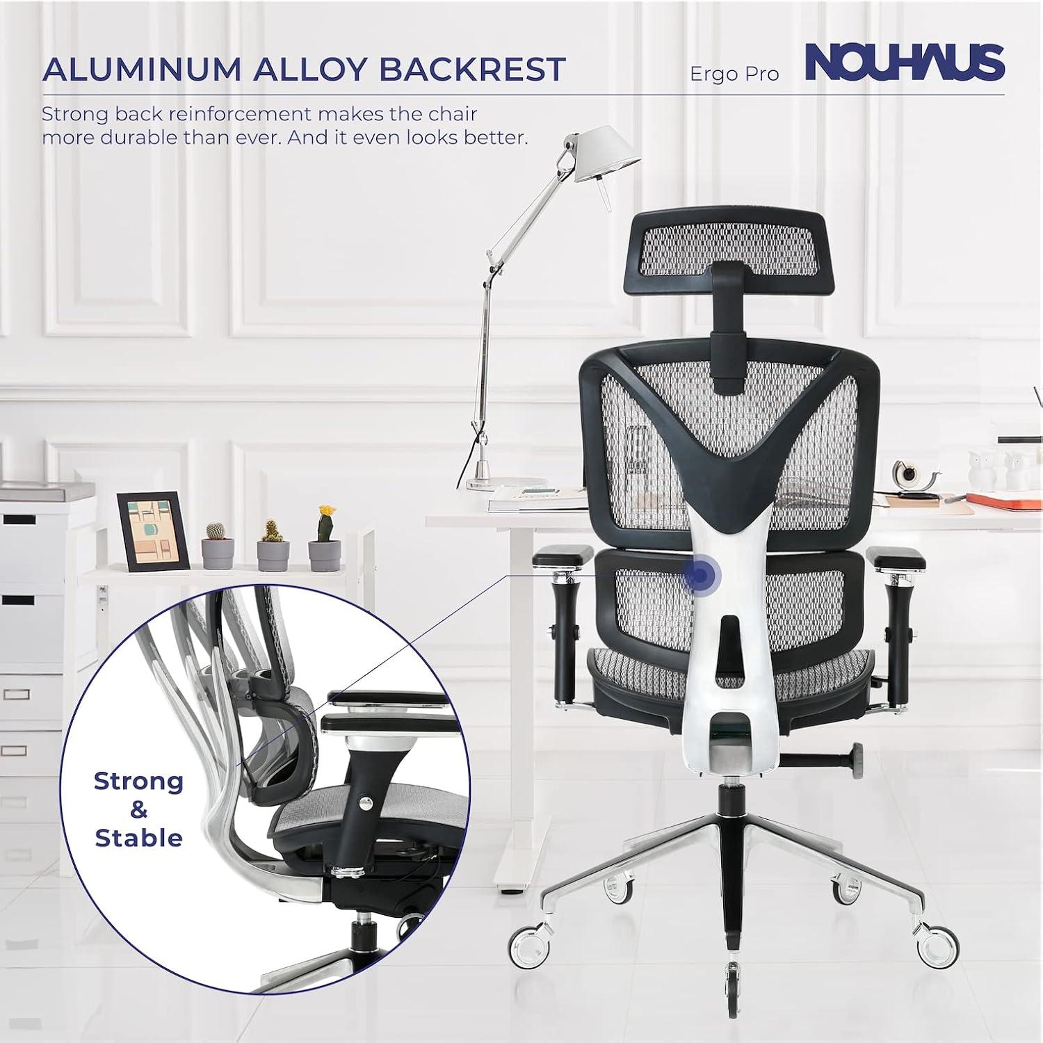 Nouhaus Inc Nouhaus Ergonomic Office Chair Lumbar Support Aluminum Alloy Backrest, Big and Tall Mesh Computer Desk Chair with Adjustable Headrest, 4D Armrest and Premium Wheels