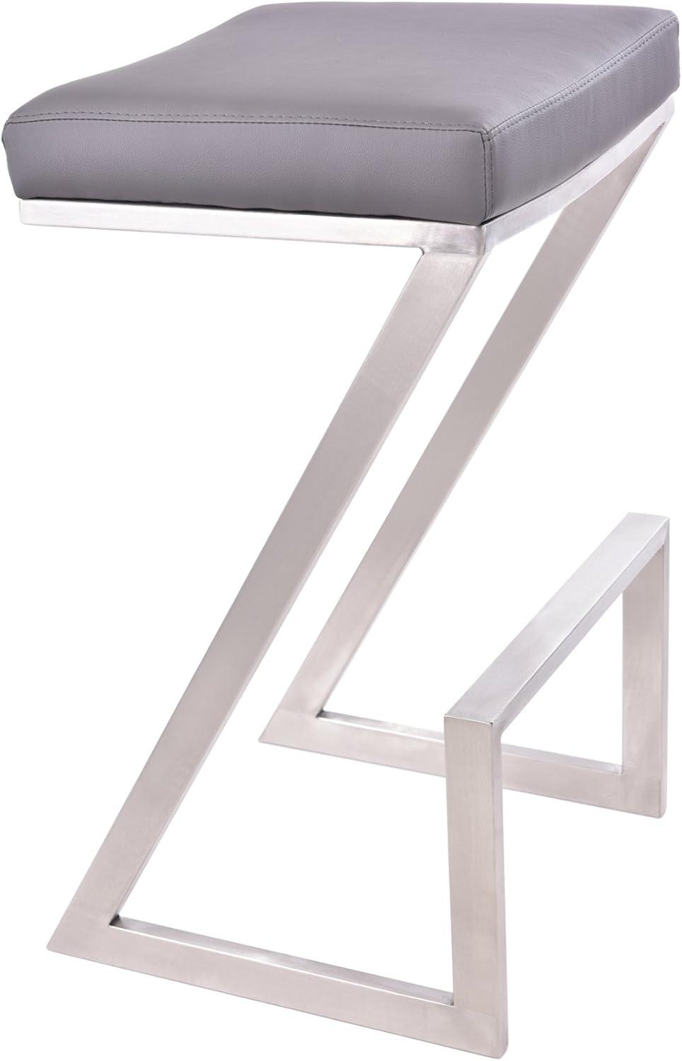 Armen Living Atlantis Backless Barstool, Brushed Stainless Steel Finish with PU Upholstery