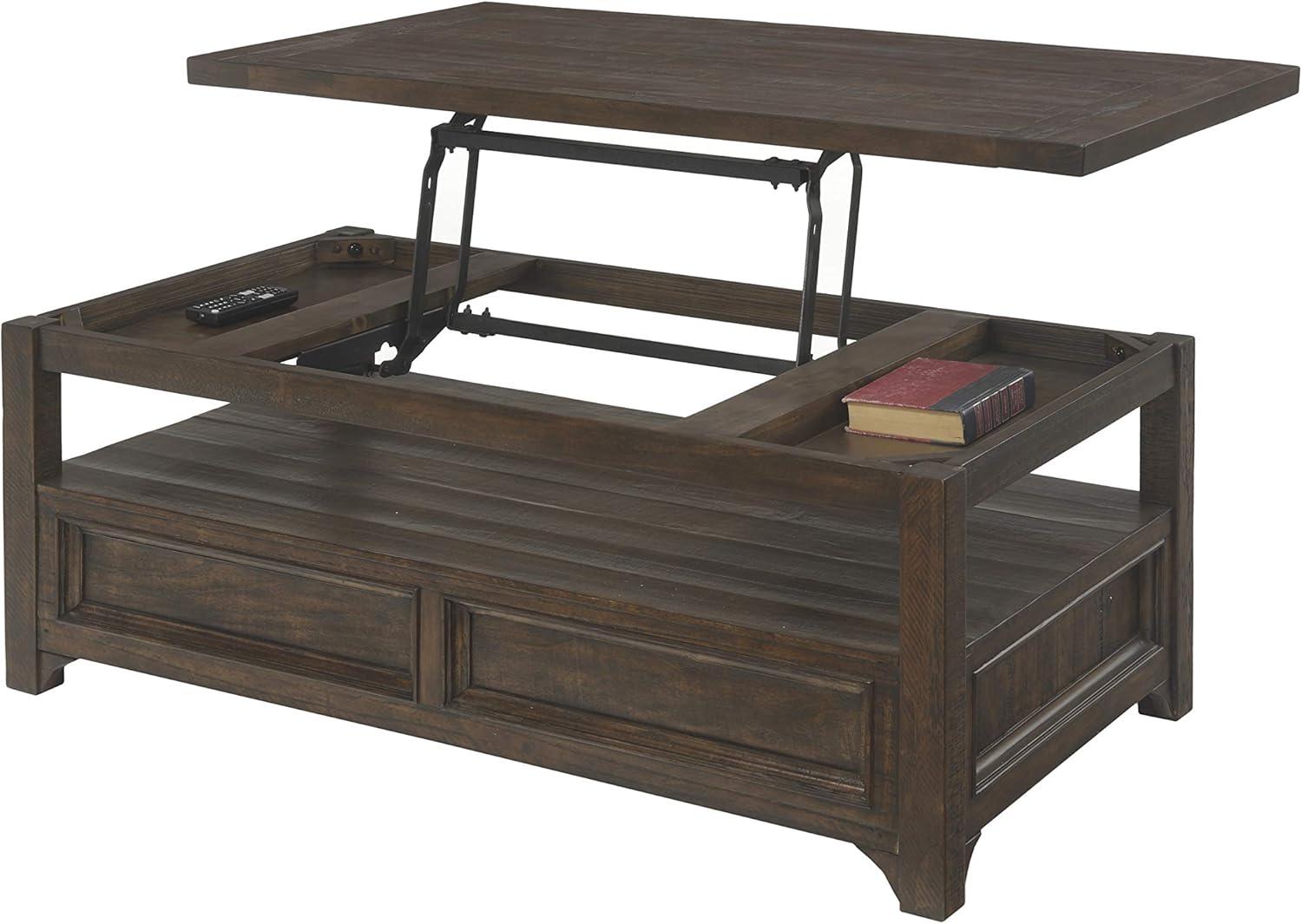 Rustic Dark Mocha Solid Pine Wood Rectangular Lift-Top Coffee Table with Storage