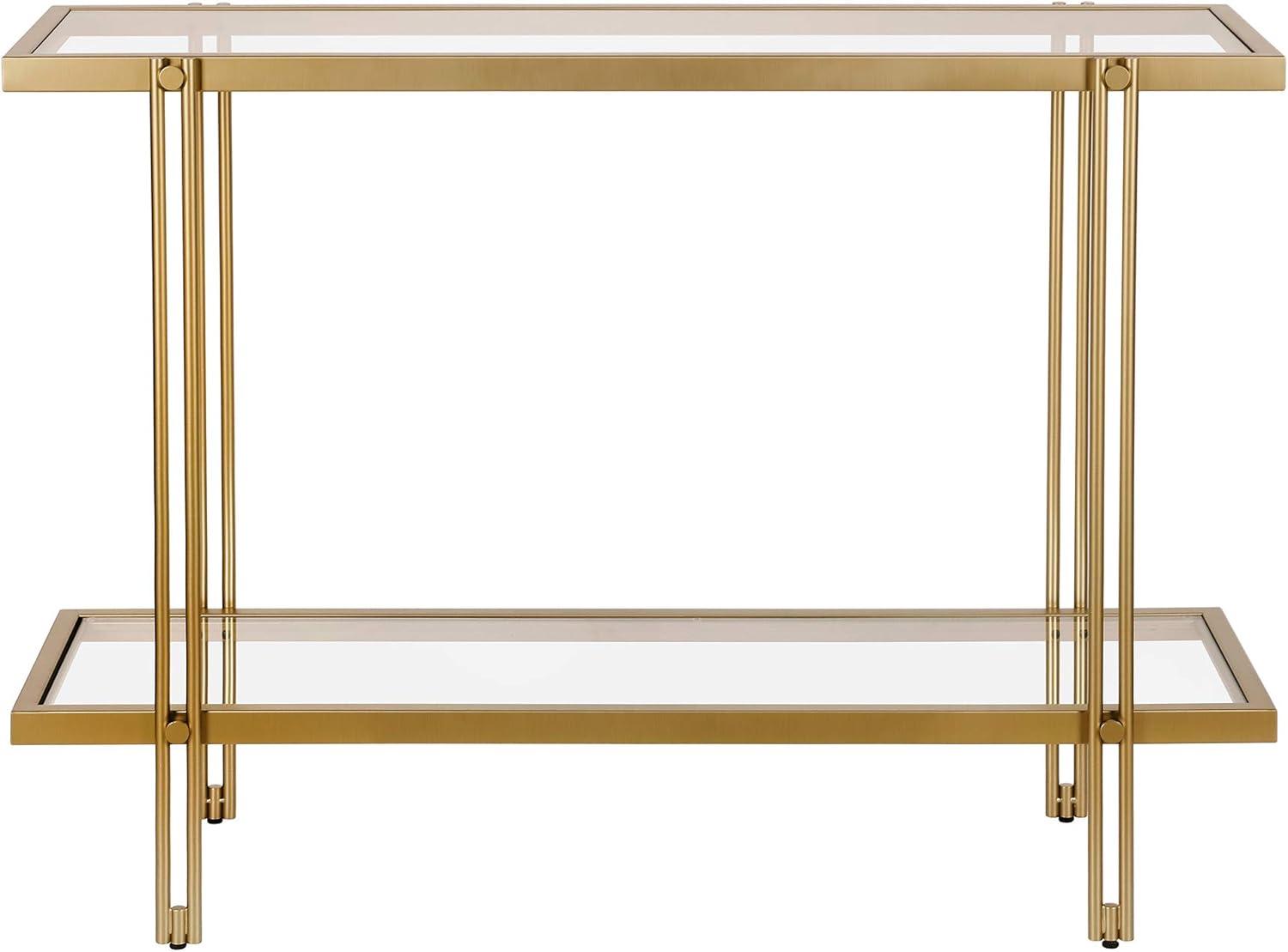 Modern Brass Finish Rectangular Coffee Table with Glass Storage Shelf