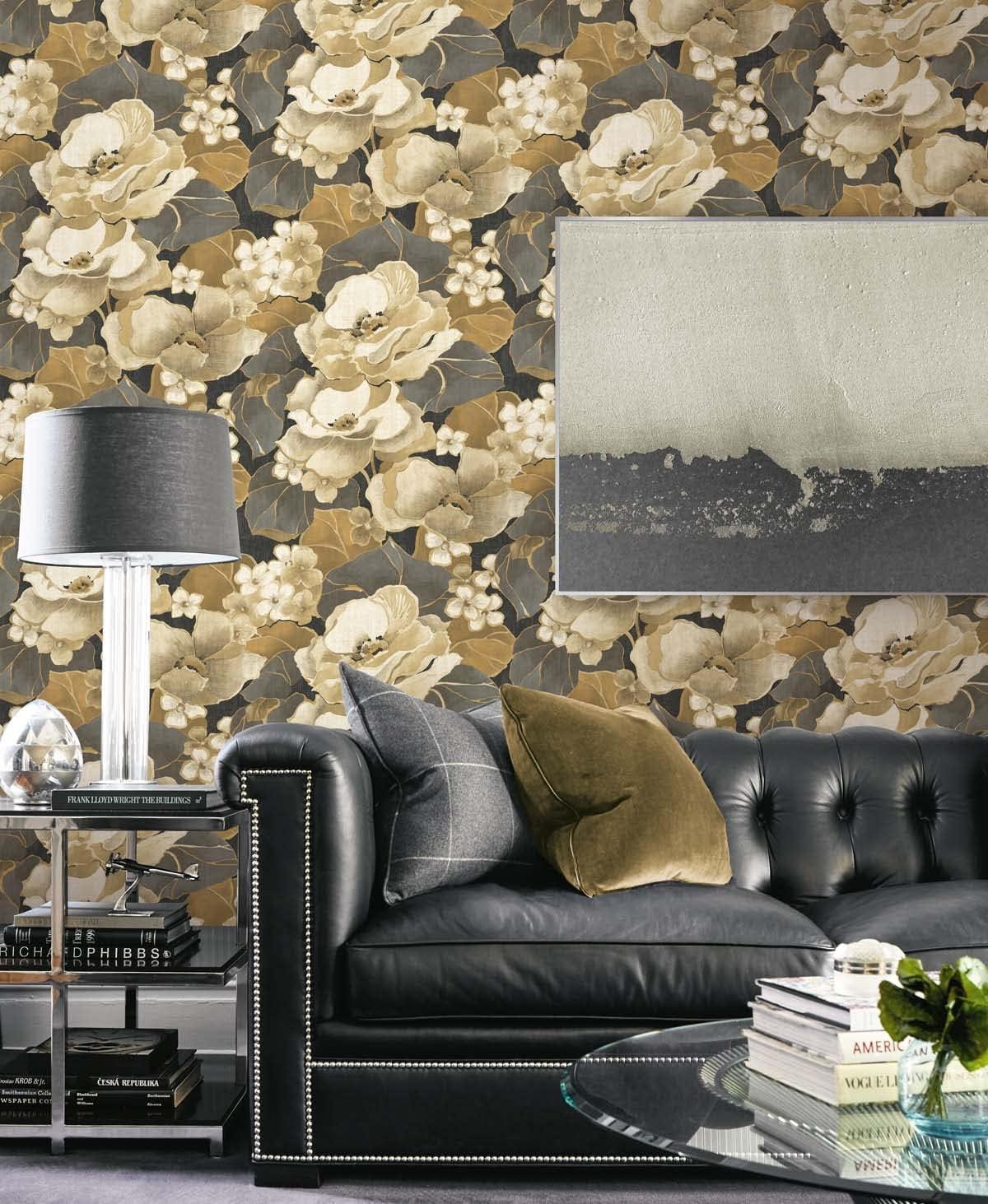 NextWall Ebony & Antique Gold Nouveau Floral Peel and Stick Wallpaper