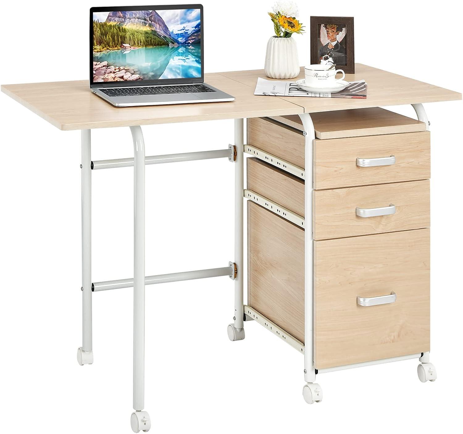 Oak Foldable Computer Desk with Drawers and Wheels