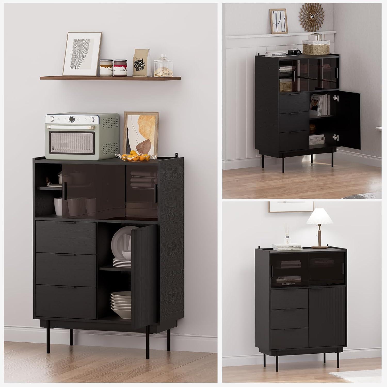 Ebern Designs Ebern Designs Sideboard Anetha, 47" X 31.5" Buffet Anetha With Storage, Black Sideboard With 2 Sliding Doors & 3 Drawers, Wood Coffee Bar Entryway Storage For Living Room