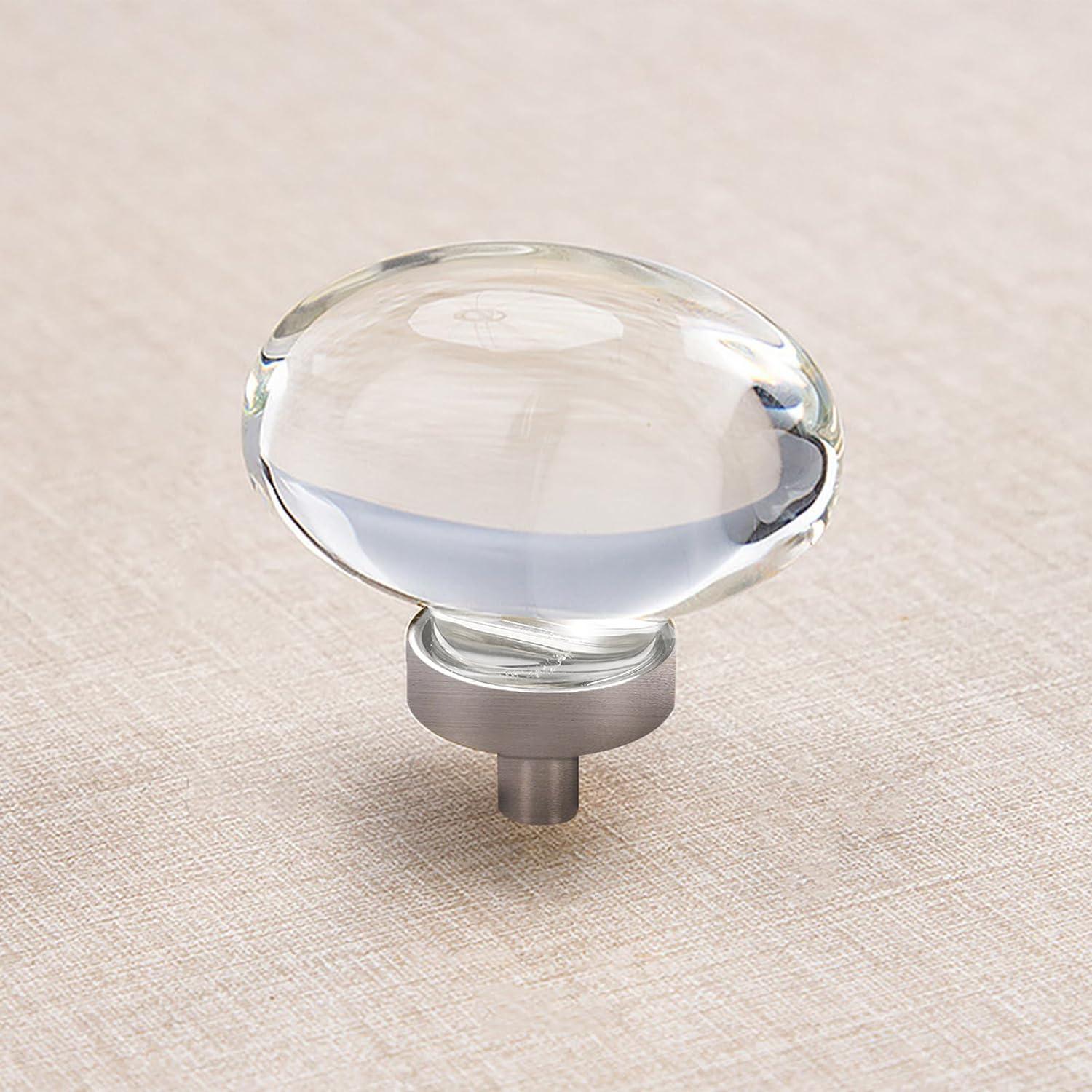 16 Pack Glass Cabinet Knobs and Pulls, Oval Crystal Knobs for Dresser Drawers, Brushed Nickel Kitchen Cabinet Knobs Egg Shape