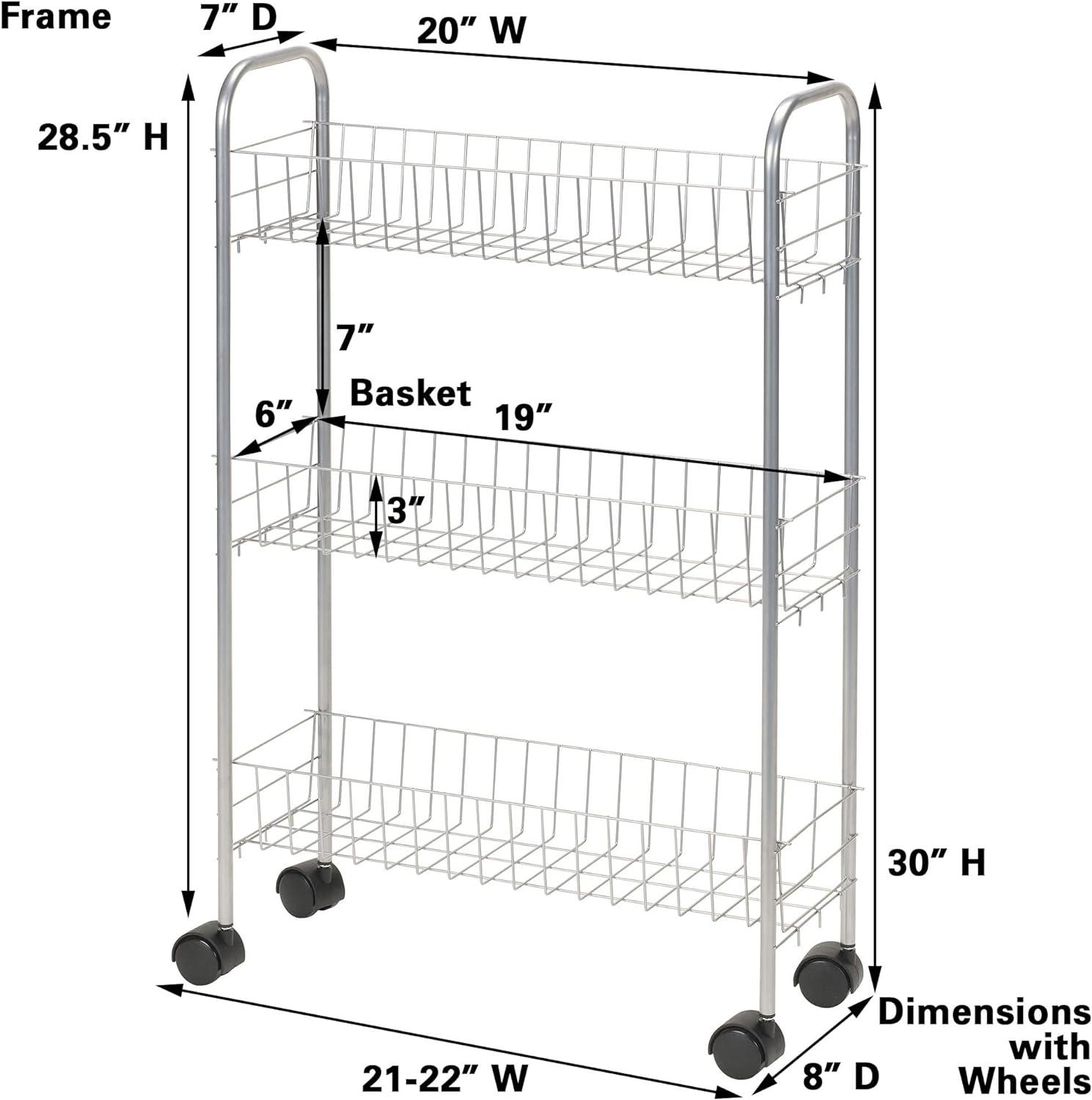 Slim Silver 3-Tier Rolling Storage Cart for Laundry and More