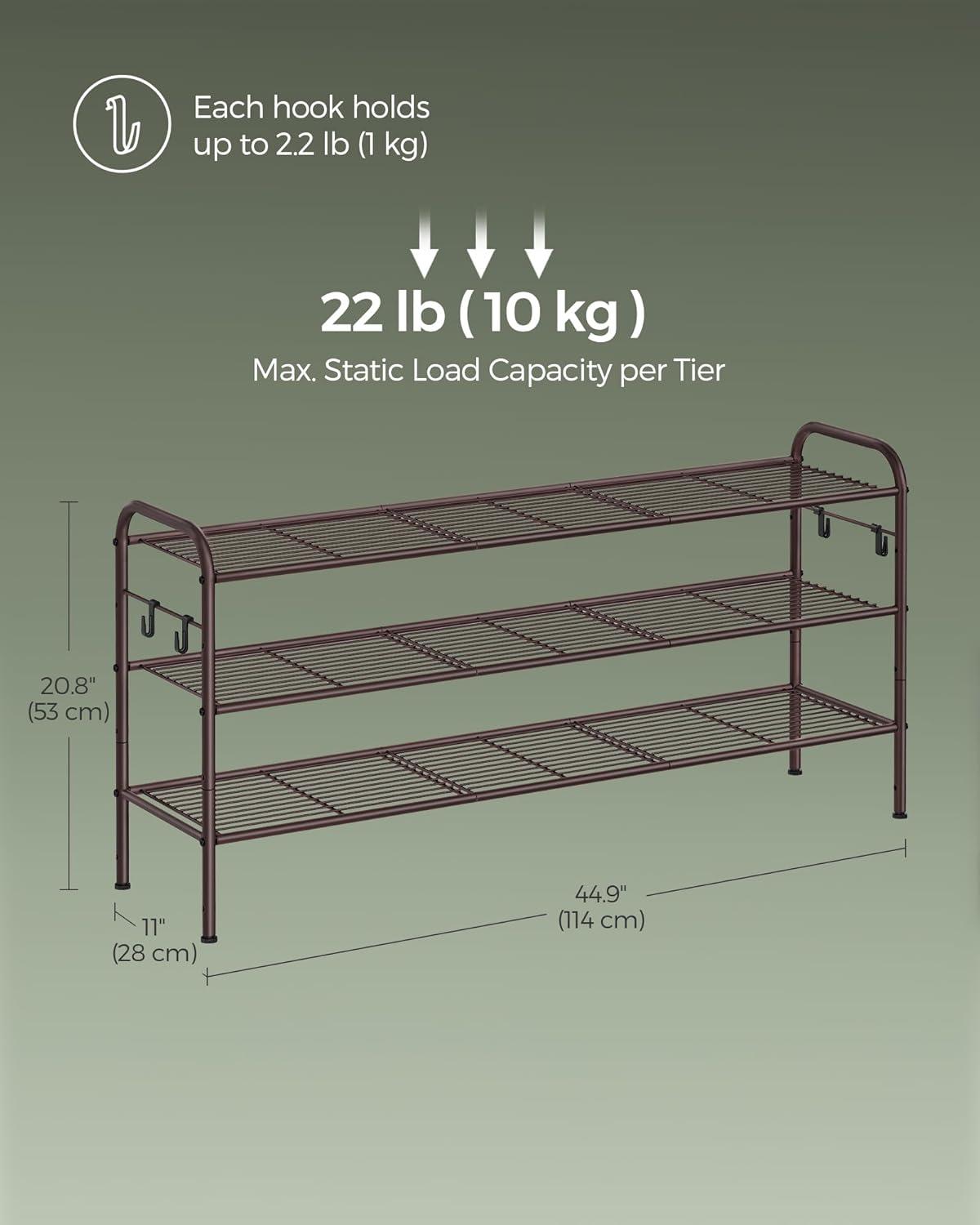 Chestnut Brown 3-Tier Metal Shoe Rack with Hooks