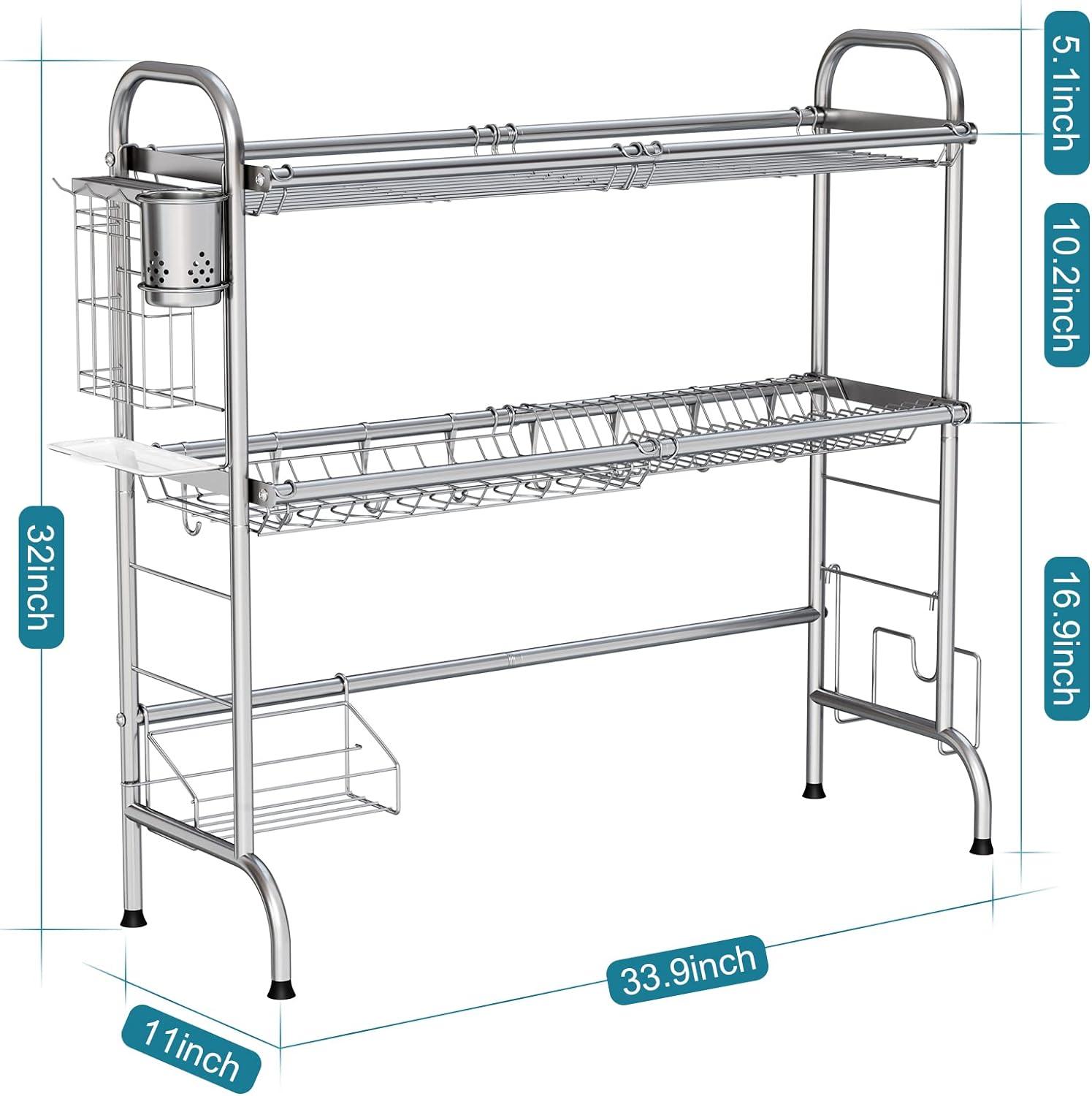 Silver 2-Tier Stainless Steel Over-the-Sink Dish Drying Rack with Utensil Holder