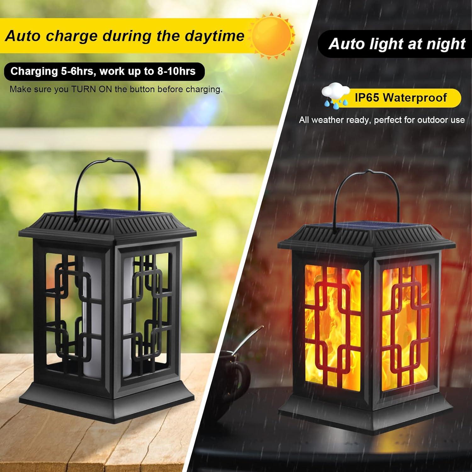 Matte Black Solar LED Lanterns with Flickering Flame Effect, 2 Pack