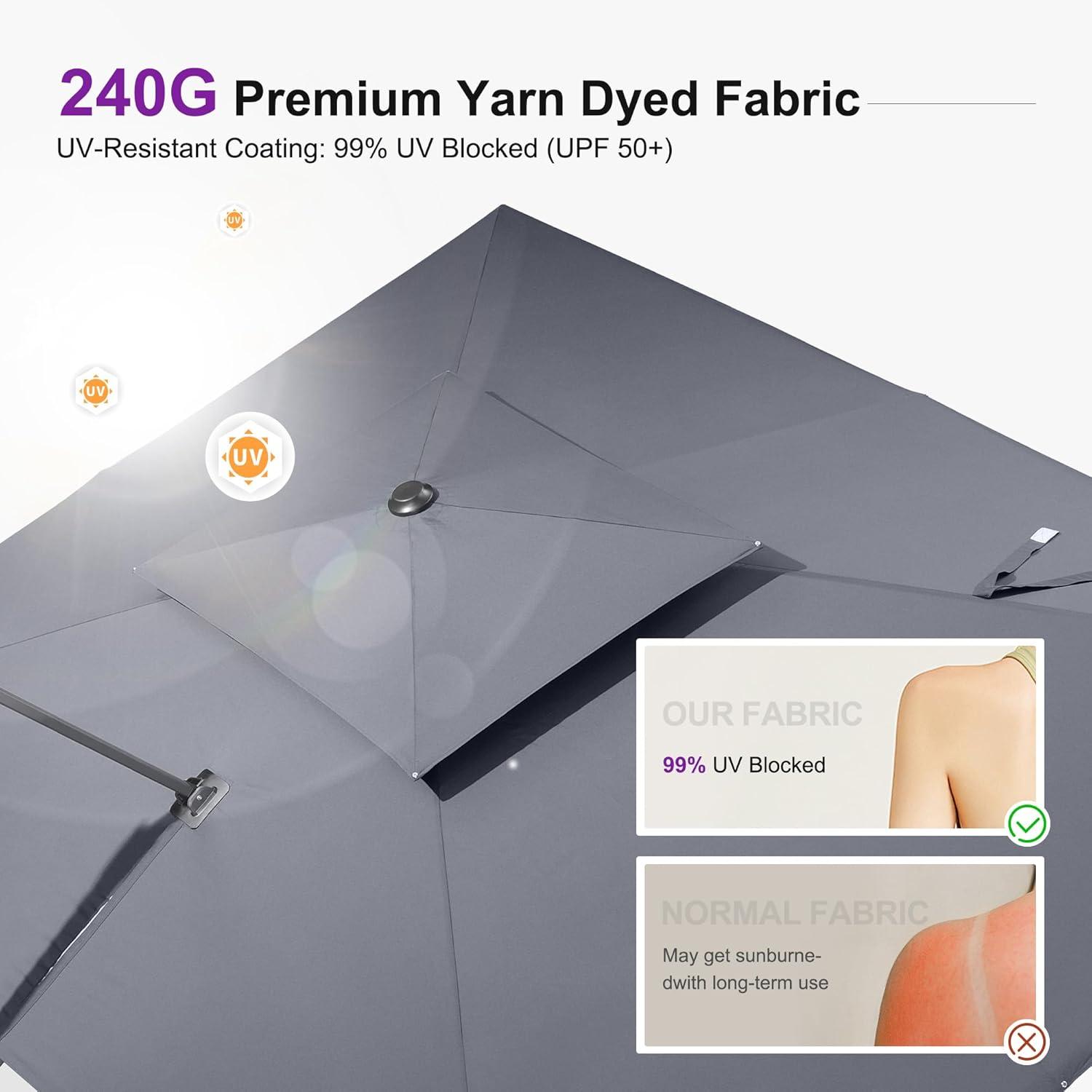 PURPLE LEAF Outdoor Cantilever Umbrellas 12FT Square Large Patio Umbrella Offset Umbrella with 360°Rotation Tilting And Hanging Double Top, Grey