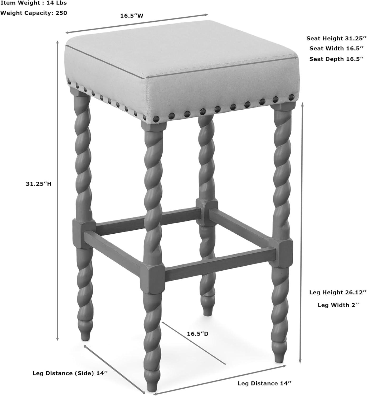 Carolina Chair & Table Flora 30" Bar Stool with Linen Upholstered Seat - Solid Wooden Frame, Twist Turned Legs with Antique Brass Nailhead Trim Accent Stool for Kitchens, Bars (Vintage White)