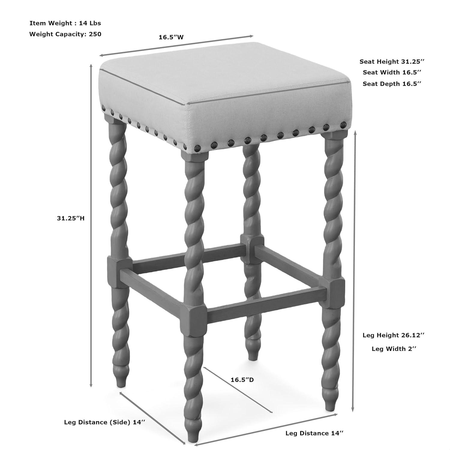 Carolina Chair & Table Flora 30" Bar Stool with Linen Upholstered Seat - Solid Wooden Frame, Twist Turned Legs with Antique Brass Nailhead Trim Accent Stool for Kitchens, Bars (Vintage White)