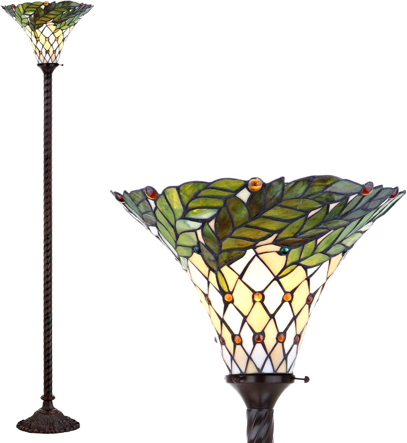 Botanical Tiffany-Style 71" Bronze Stained Glass Torchiere Lamp