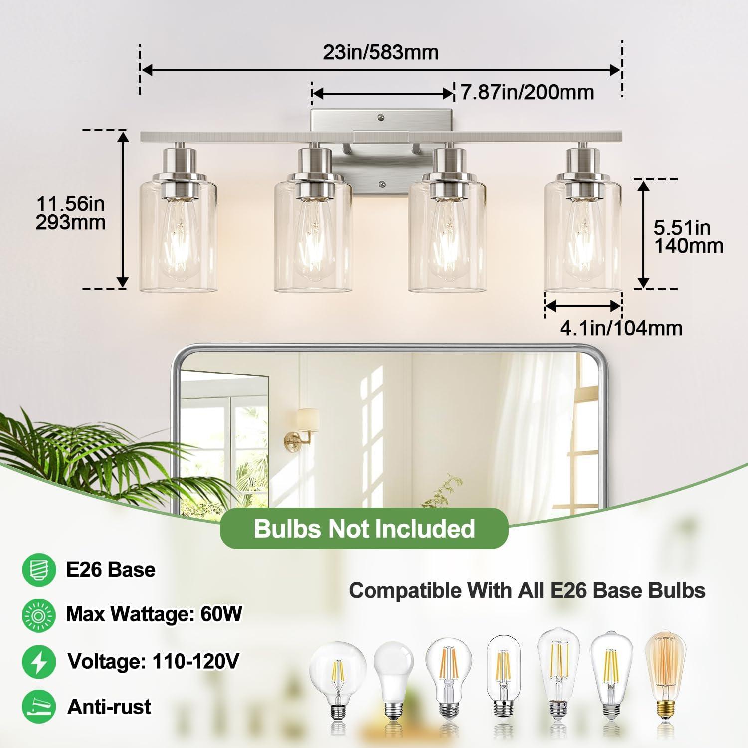 Brushed Nickel 4-Light Bathroom Vanity Fixture with Clear Glass Shades