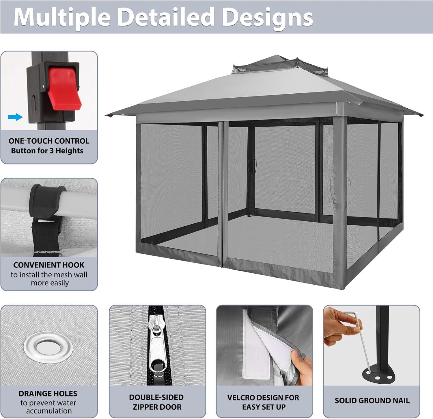 COBIZI Outdoor Canopy Gazebo 11x11 Pop up Gazebo Patio Gazebo with Mosquito Netting Outdoor Canopy Shelter with 121 Square feet of Shade for Outdoor Lawn, Garden, Backyard and Deck, Gray