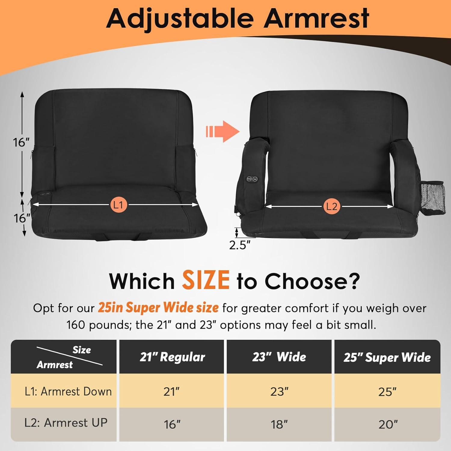 ZENPETIO 25" Oversized Dual-Sided Heated Stadium Seats for Bleachers with Back Support, 3 Levels Heating Stadium Seating for Bleachers Seat with Backrest, 5 Pockets Portable Stadium Chair for Outdoor