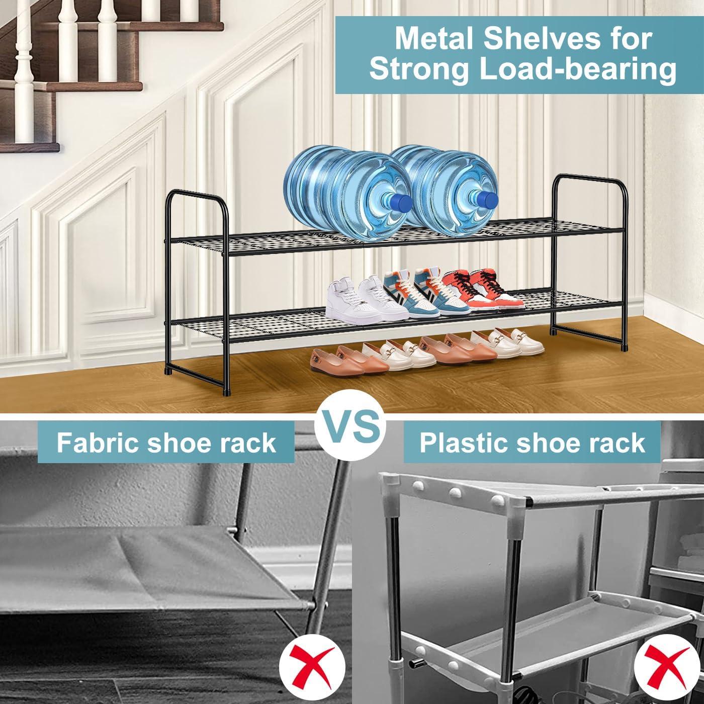 Long 2 Tier Shoe Rack for Closet Metal Wide Stackable Shoe Storage Organizer for Entryway, Bedroom, Floor, 18-Pairs Low Shoe Shelf, Black