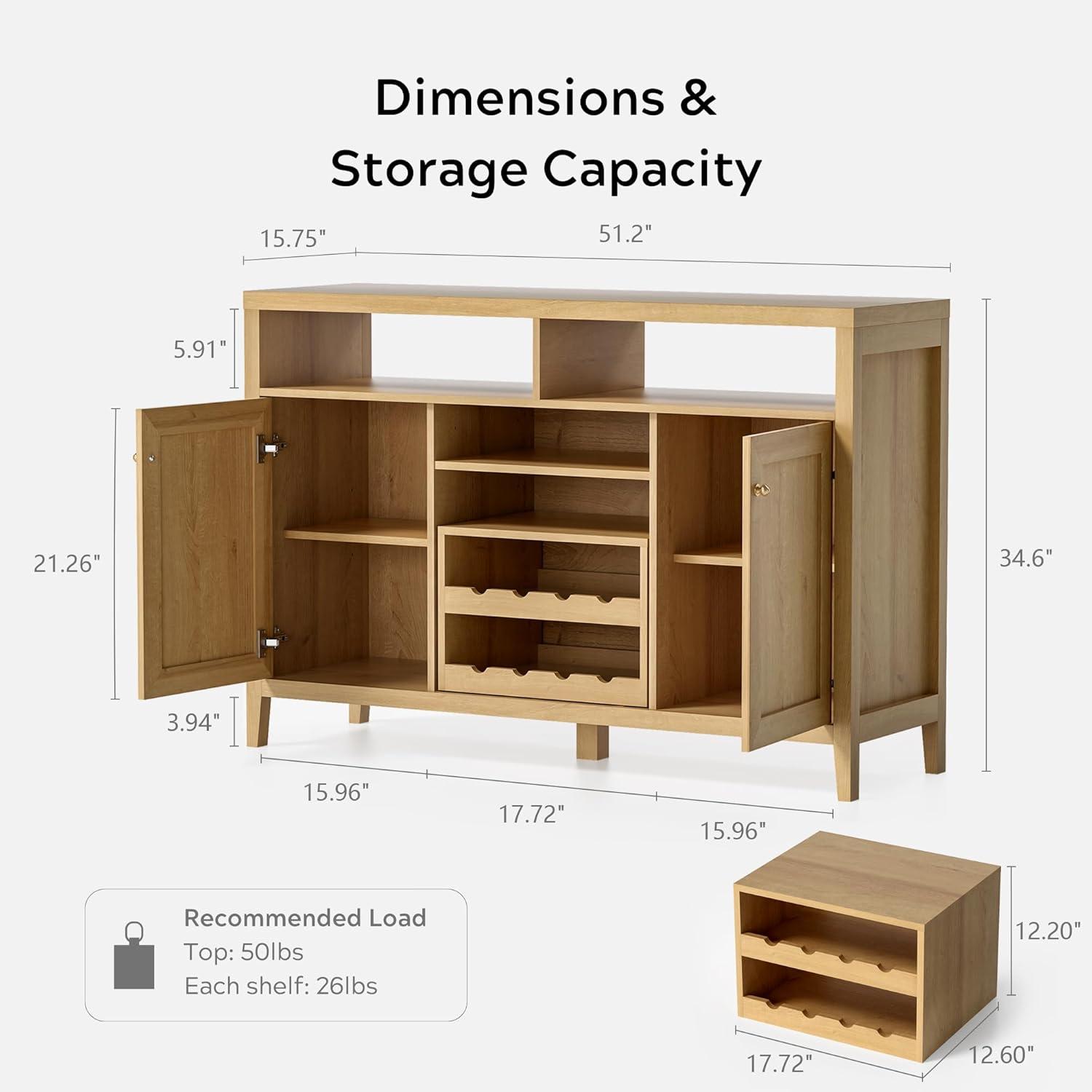 Natural Oak 51'' Farmhouse Sideboard Cabinet with Wine Rack