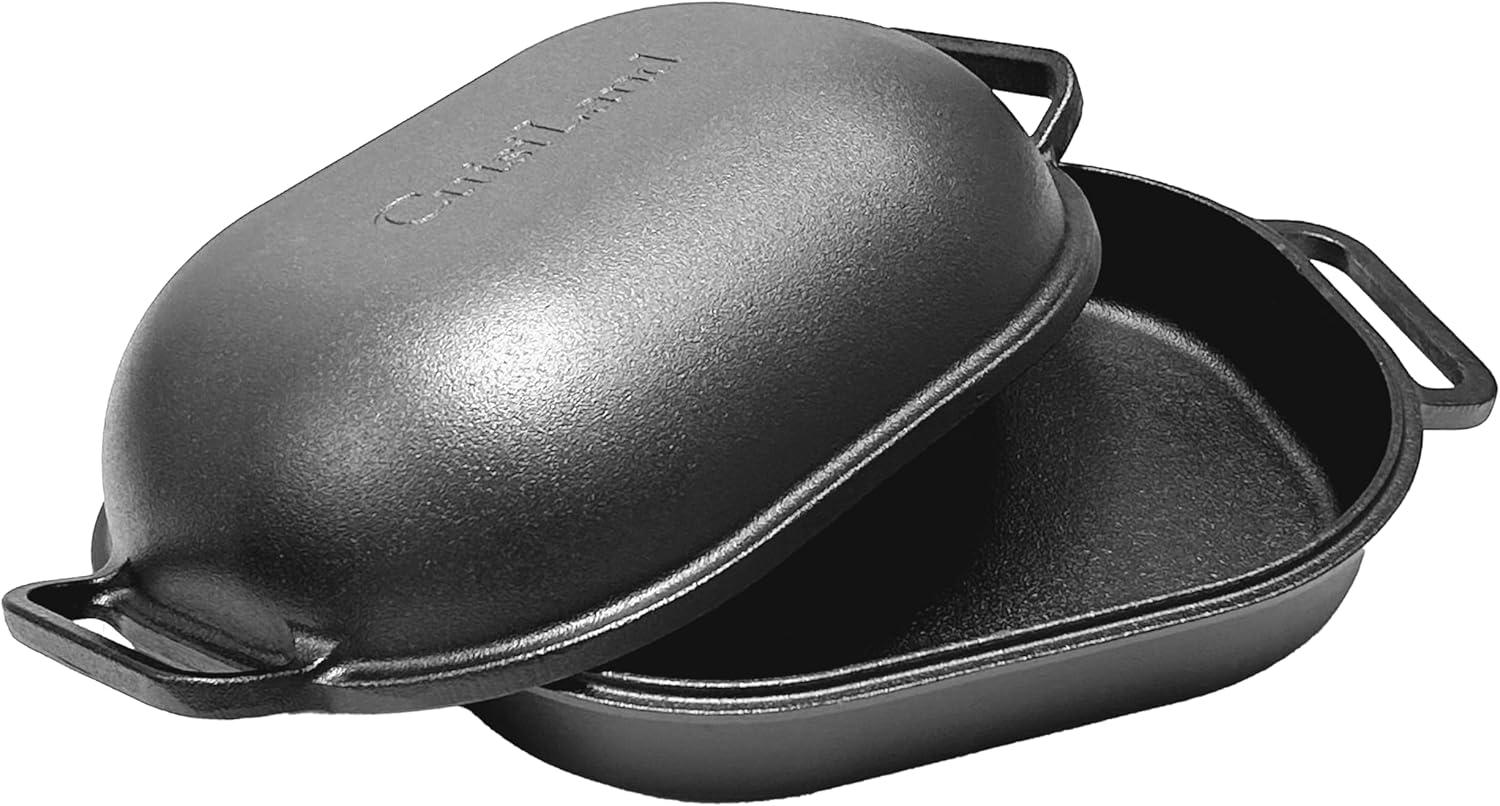 Large Oval Black Cast Iron Loaf Pan with Lid