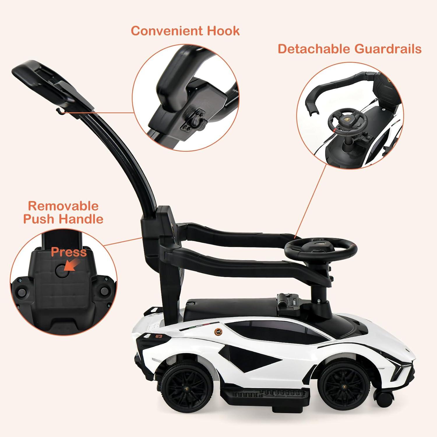 OLAKIDS 3 In 1 Ride on Push Car, Licensed Lamborghini Stroller Sliding Walking Car with Push Handle, Music, USB, Headlight, Under Seat Storage, Kids Foot-to-Floor Toy for 18-60 Months