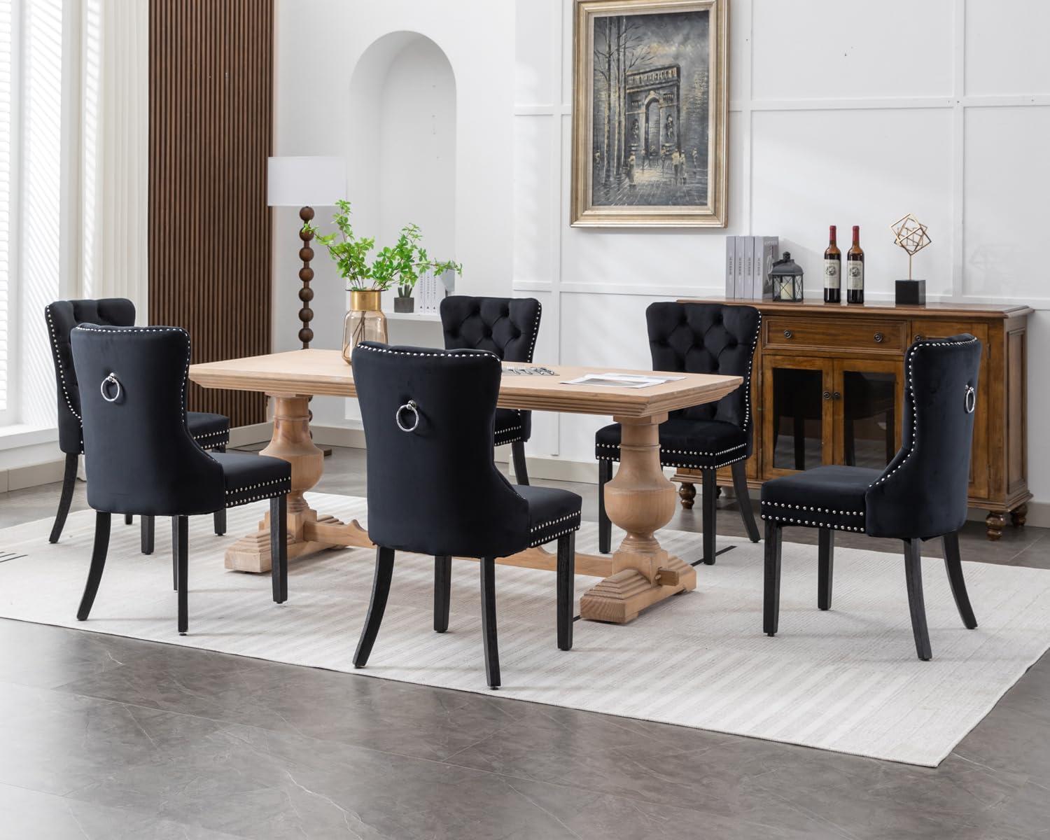 KCC Velvet Dining Chairs Set of 2, Upholstered High-end Tufted Dining Room Chair with Nailhead Back Ring Pull Trim Solid Wood Legs, Nikki Collection Modern Style for Kitchen, Black