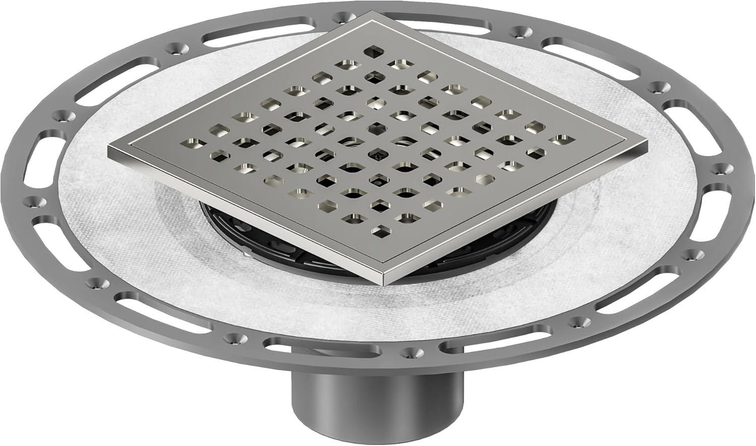 6" Square Brushed Stainless Steel Shower Drain with PVC Flange