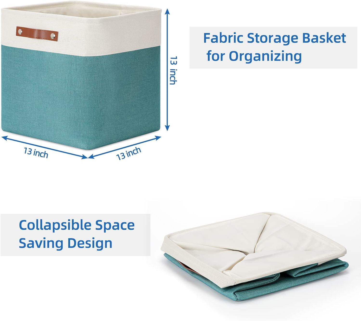 Tegance 13x13 Storage Cubes Baskets 4 Pack Fabric Cube Storage Bins Large Storage Baskets with Leather Handles,Decorative Storage Boxes for Organizing Shelves(WhiteGreen)