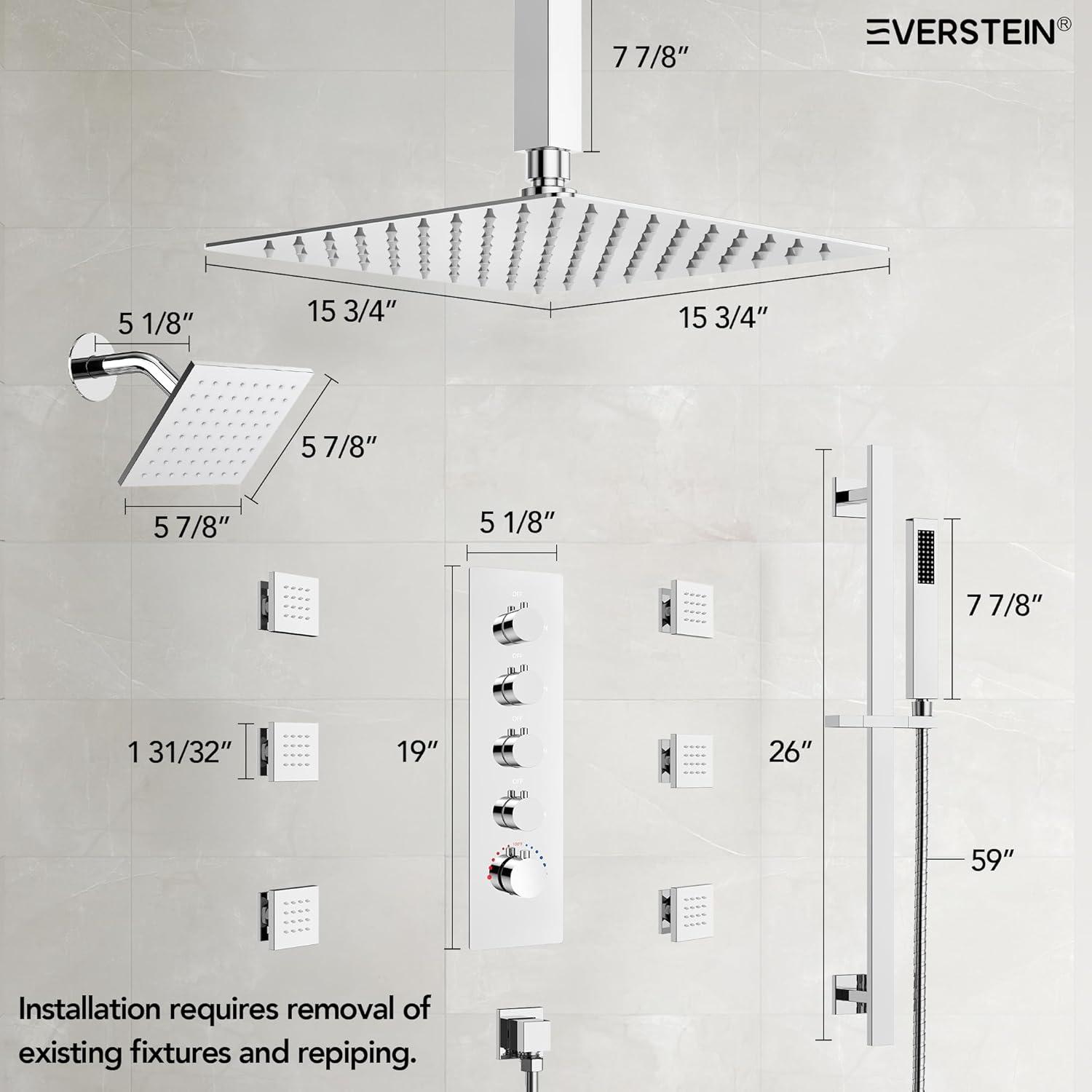 DualJetSpa 16-Inch Rainfall Shower System with Handheld Spray, Dual Showerheads, 6 Body Jets, and Thermostatic Valve