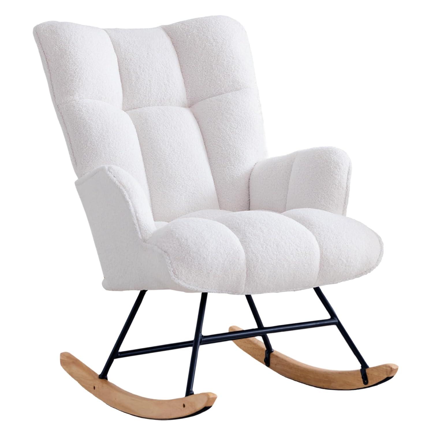 Nursery Rocking Chair Teddy, Upholstered Glider Rocker with High Backrest, Comfortable Stylish Accent Armchair with Padded Seat for Living Rooms, Bedrooms, Offices