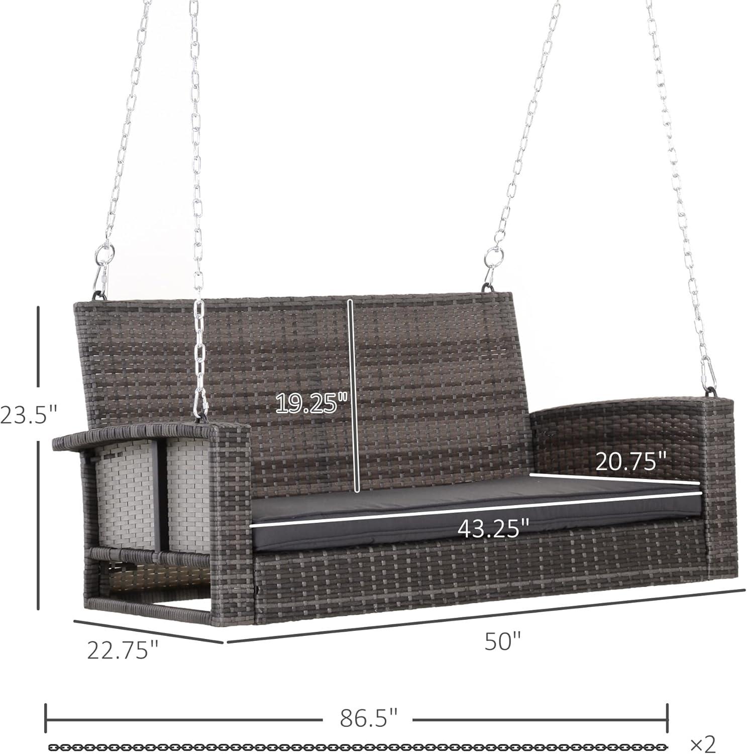 Outsunny 2-Person Wicker Hanging Porch Swing Bench, Front Porch Swing Outdoor Chair with Cushions 550lbs Weight Capacity for Backyard, Garden, gray